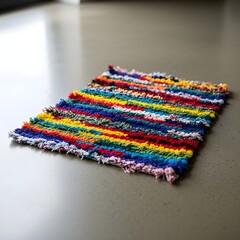 Colorful woven rag rug with vibrant stripes of red blue yellow green and white laid on a neutral gray floor