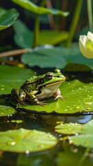 Obraz premium A green frog sitting on a lily pad in a pond (1)