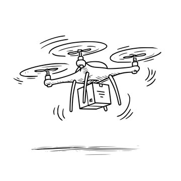 Dynamic digital sketch of a quadcopter drone hovering with a package, illustrating modern delivery services and advanced aerial technology.