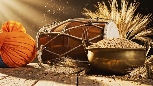 Golden-lit vaisakhi festival display with a turban, dholak, and wheat on a rustic wooden table, celebrating the spring harvest.