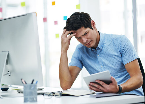 Thinking, investor and man with stress, tablet for investment error and stock market crash. Person, profit loss and financial advisor in workplace, tech and email for fraud notification and confused