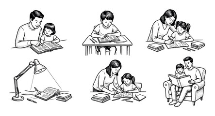 Set of black and white illustrations showing family education scenes with parents helping children with homework, reading books together, and a boy studying at his desk in a vintage style
