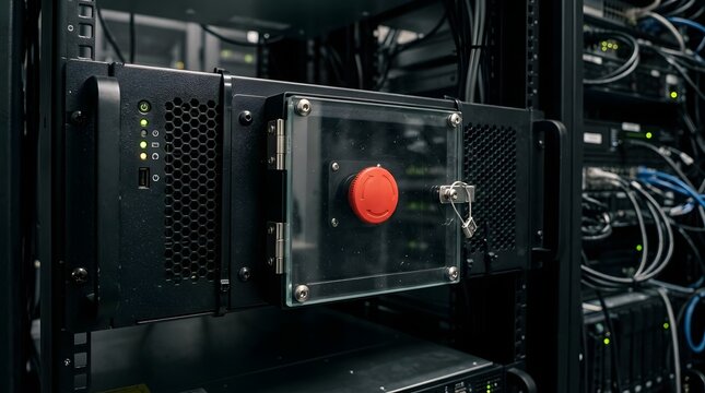Close up of a secured server rack unit featuring a locked emergency stop button for critical system safety.