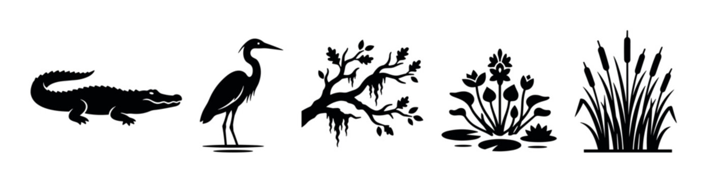 Set of black swamp wildlife silhouettes with an alligator, heron, mossy oak branch, water hyacinth, and cattail reeds, presented as a collection of graphic nature icons