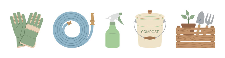 Obraz premium Collection of gardening tools and equipment including protective gloves, a coiled hose, spray bottle, compost bin, and a wooden crate with a plant and trowel