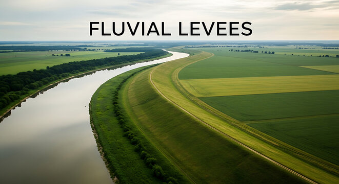Aerial view of river with levees and green fields and trees along the riverbank and cloudy sky