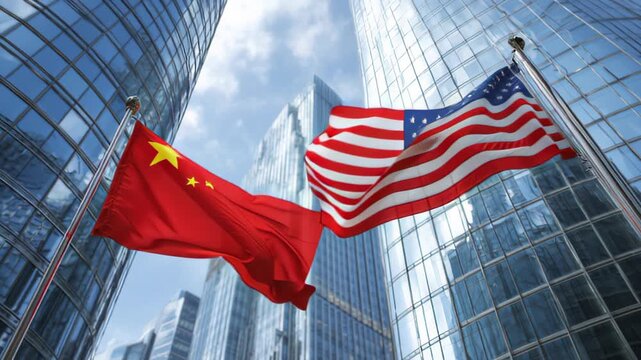 Flags of China and the United States waving in a city with modern buildings in the background