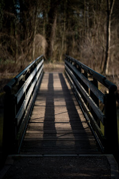 Wooden Pedestrian Bridge In Emmering Over Amper River: Perspective Walkway Between Olching And Fuerstenfeldbruck Near Munich