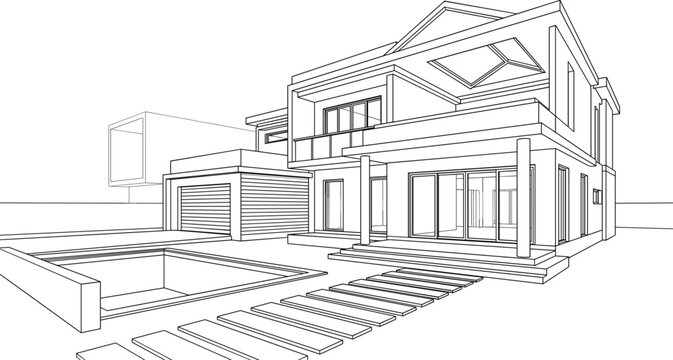 Artistic architectural perspective of a contemporary luxury estate featuring a private swimming pool, integrated garage, and geometric roof design.