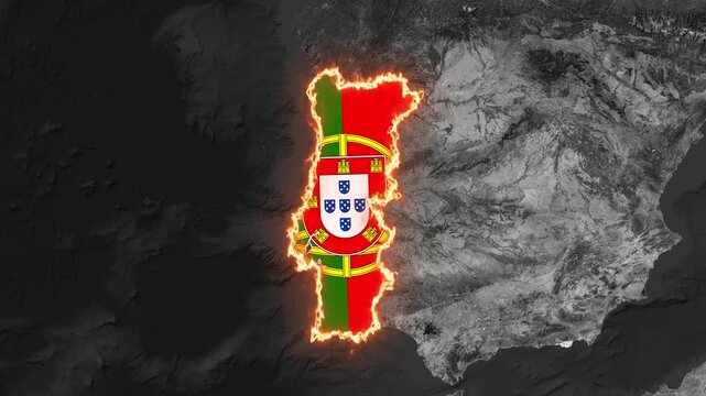 Portugal's map with national flag and fiery borders animation clip