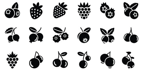 Collection of various berry and fruit icons in black silhouette on white blueberry strawberry © MdZabed