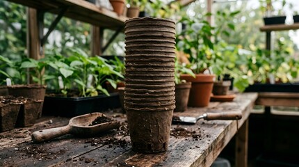 Fototapeta premium A prominent stack of eco-friendly fibrous pots and essential gardening tools are carefully arranged on a rustic wooden workbench.