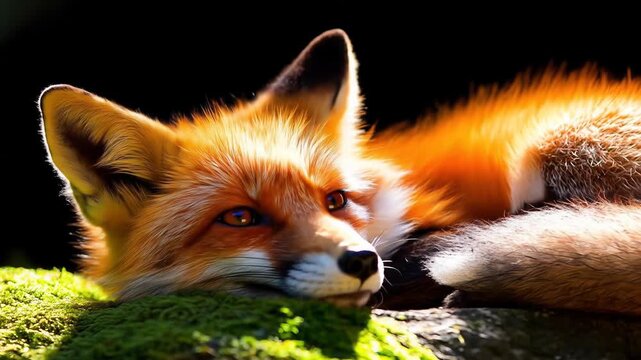 Cute red fox sleeping peacefully on forest moss