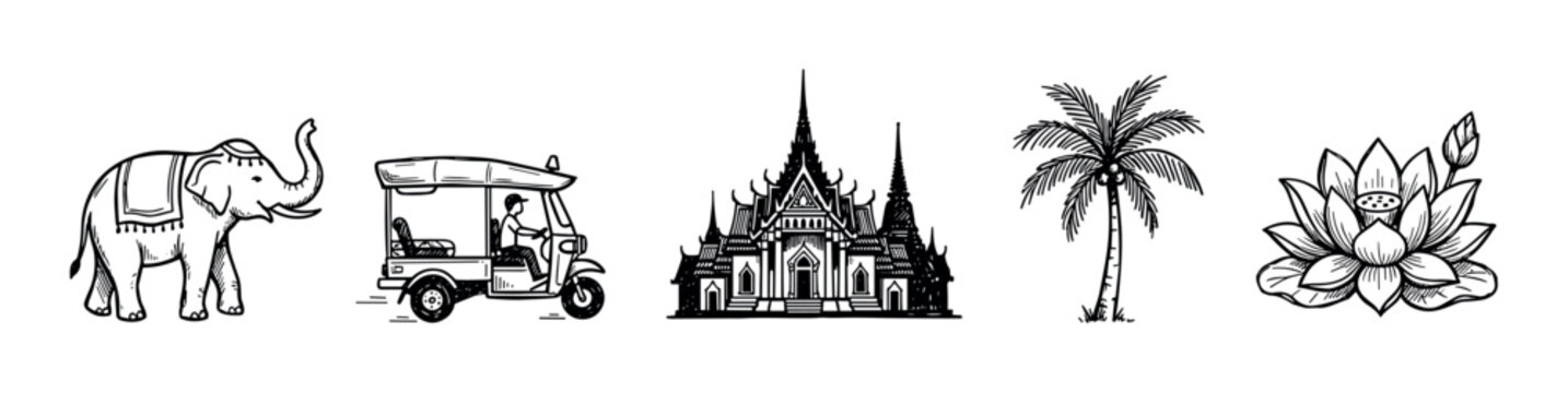 Set of hand-drawn Asian travel icons including an elephant, tuk-tuk, temple, palm tree, and lotus flower in a black and white sketch style illustration collection