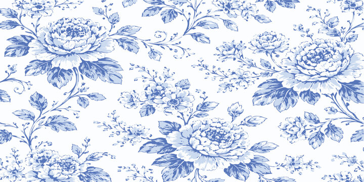 Seamless blue and white vintage toile floral pattern&mdash;detailed peony flowers, leaves and vines, classic porcelain-style repeating background for wallpaper, fabric and wrapping paper