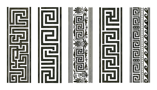 Set of five ancient Greek ornamental borders featuring classic meander key, wave, and floral patterns in a dark, textured, hand-drawn style for decorative design