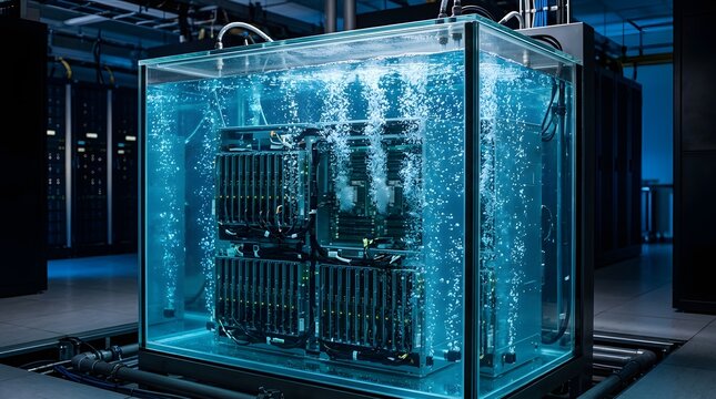Advanced computer hardware undergoing immersion cooling within a transparent fluid tank in a modern data center environment
