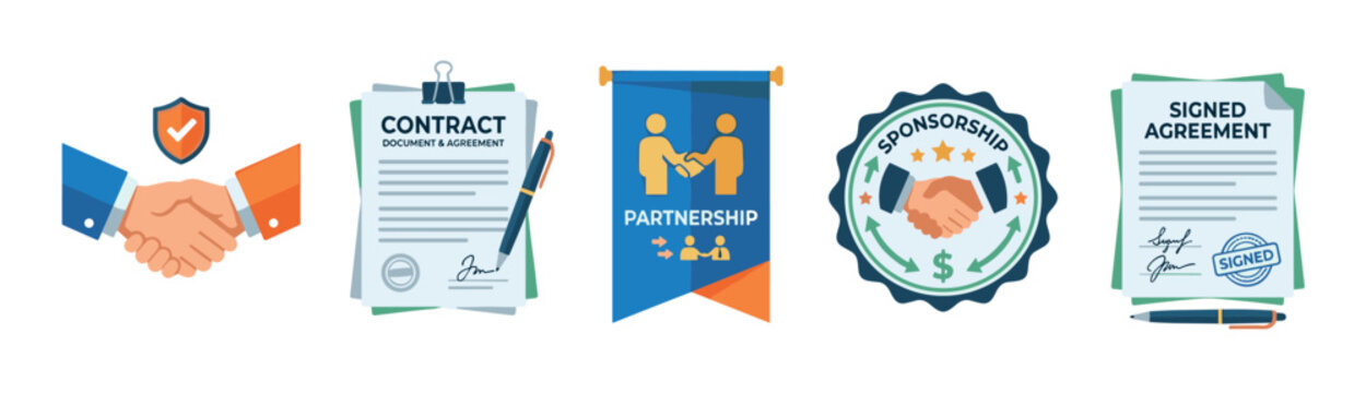 Set of business agreement vector icons showing a handshake, signed contract, partnership banner, sponsorship badge, and legal document for corporate collaboration and deal concepts