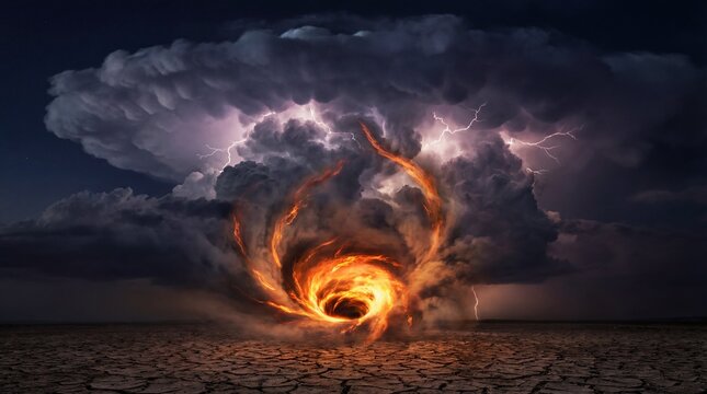 Fiery ring portal swirling in stormy sky concept. A dramatic storm cloud with swirling vortex and lightning strikes.