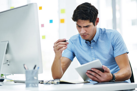 Thinking, investor and man with anxiety, tablet for investment error and stock market crash. Mistake, profit loss and financial advisor in workplace, tech and email for fraud notification and concern