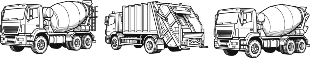 Set of Industrial Trucks Line Art Illustration Including Cement Mixer and Garbage Truck, Detailed Black and White Vector Vehicles for Construction, Waste Management, and Transport Design © MstKhadija