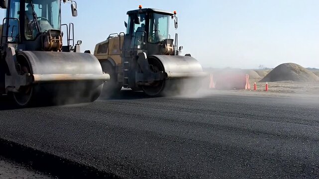 Machinery compacts fresh asphalt on a road construction site under clear daylight conditions.