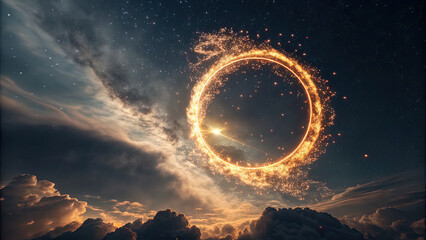 Fiery ring portal swirling in stormy sky concept. A mesmerizing cosmic phenomenon illuminating the night sky.