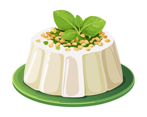 White panna cotta dessert with nut topping and mint leaf for elegant sweet treat and gourmet catering menu - Vector Illustration © powdesign