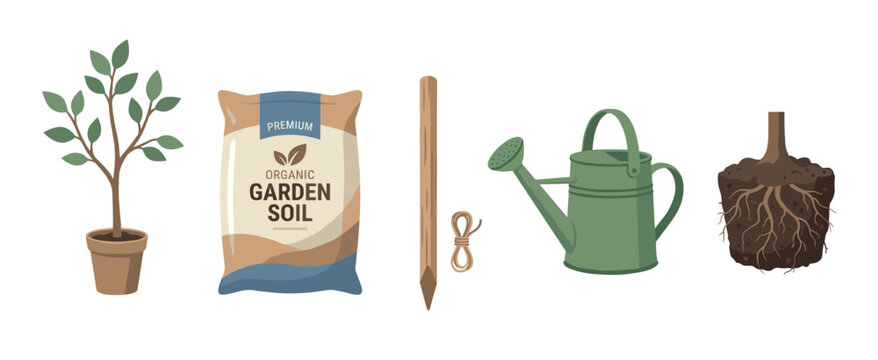 Collection of gardening tools and supplies for planting, including a sapling, soil bag, watering can, stake, and an uprooted plant with its root ball, in a flat vector illustration style