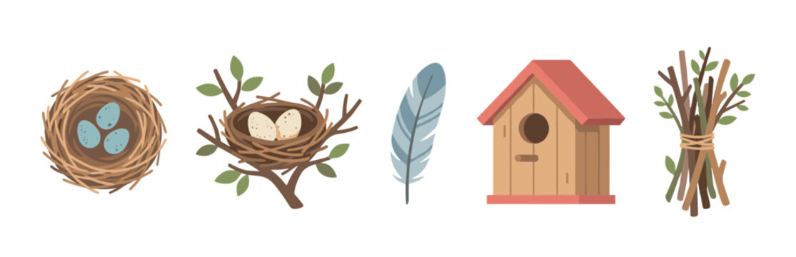 Collection of bird-themed nature illustrations featuring nests with speckled eggs, a single feather, a wooden birdhouse, and a bundle of sticks in a charming flat vector style