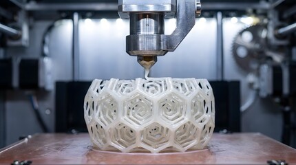 Fototapeta premium A close-up shot of a 3D printer nozzle extruding white plastic material to construct a complex, geometric honeycomb structure.