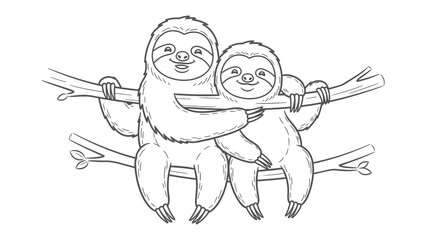 Fototapeta premium Cozy Sloths on Branch: Two adorable sloths perch together on a tree branch, sharing a tender moment of companionship and tranquility in their tropical habitat.