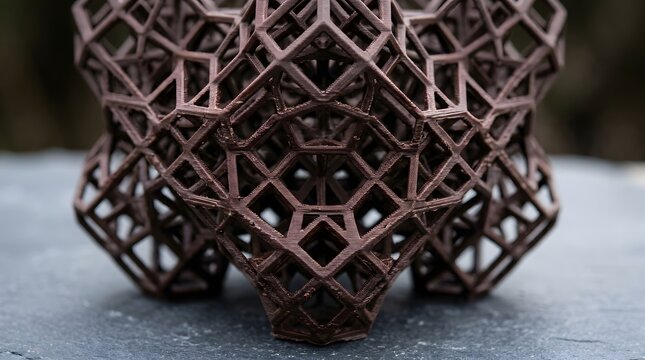 Intricate dark brown three dimensional geometric lattice structure object showcasing fine layer lines from printing technology