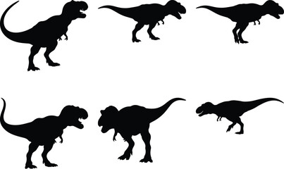 Naklejka premium Collection of six black silhouette illustrations of a Tyrannosaurus Rex dinosaur in various dynamic poses against a white background.