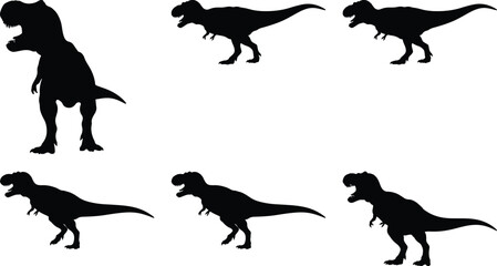 Naklejka premium Compilation of six black silhouette illustrations featuring a Tyrannosaurus Rex dinosaur in diverse dynamic poses against a white canvas.