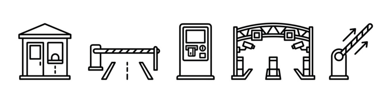 Five black line art icons for access control and security systems, featuring a toll booth, automatic barrier, payment terminal, and a checkpoint gantry with surveillance cameras