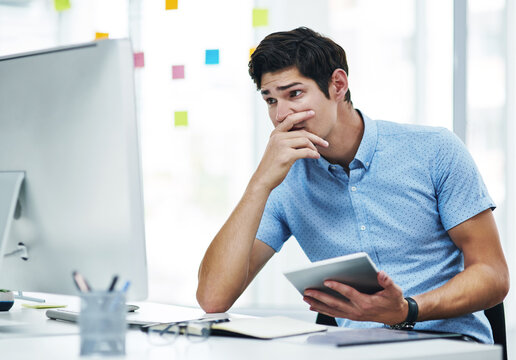 Computer, investor and man with stress, tablet for investment error and confused. Person, profit loss and financial advisor in office, tech and email for bankruptcy notification, shocked and doubt