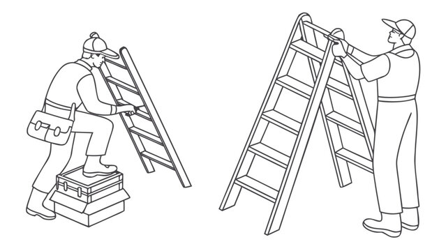 Two workers carefully setting up and using ladders for construction or maintenance tasks.