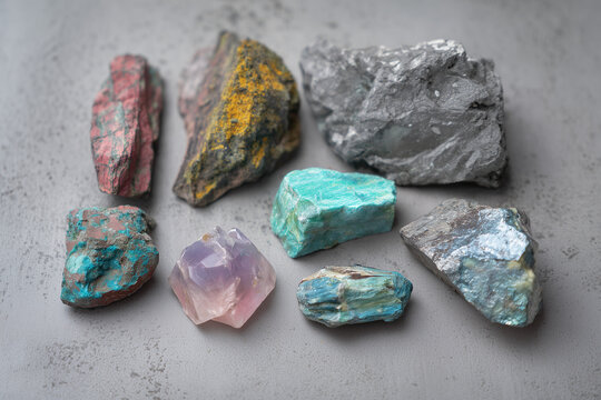 A variety of rare earth mineral rocks on a blue grey table top
