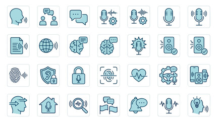 Obraz premium Voice Recognition and Audio Technology Icon Set for Speech-to-Text, Biometric Security, Sound Processing, AI Communication, Smart Home Controls, and Digital Assistant Interface