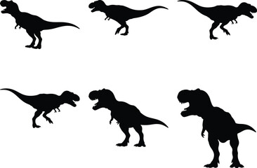 Naklejka premium Collection of six black silhouette illustrations of Tyrannosaurus Rex dinosaurs in various dynamic poses against a clean white background.