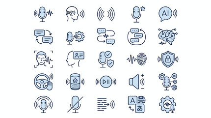Obraz premium Voice Recognition and AI Audio Technology Icon Set for Speech-to-Text, Voice Biometrics, Smart Home, and Digital Communication Interface - 25 Linear Vector Icons