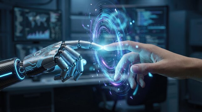 Human hand and robot hands connection artificial intelligence concept. A robotic hand touching a human hand in a futuristic setting.