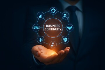 Naklejka premium Business continuity management concept digital network interface hologram above hand showing risk management emergency planning operational resilience corporate strategy technology system