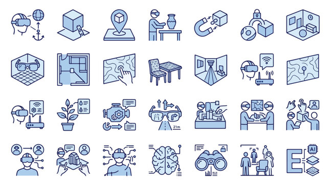 Set of 24 Augmented Reality and Virtual Reality Icons, AR VR Technology Concepts for Metaverse, Smart Glasses, 3D Modeling, Spatial Computing, Remote Collaboration, and Digital Innovation.