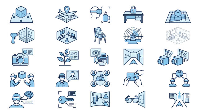 Augmented Reality and Virtual Reality Icon Set - 25 Blue Line Icons for 3D Scanning, Digital Twin, Smart Tech, and Indoor Navigation
