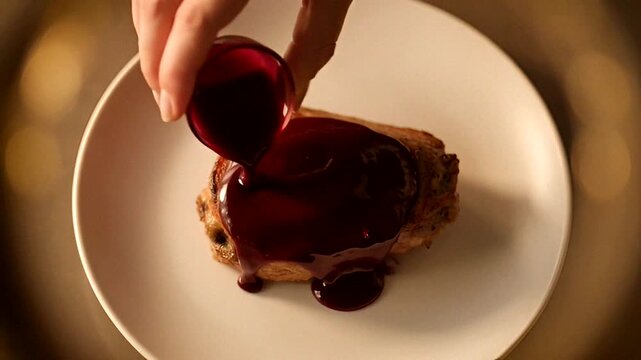 Sauce being poured over cooked meat on a white plate, creating a gourmet dining presentation.