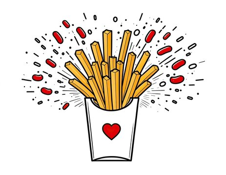 French fries served in a paper cup with ish hearts emerging from the food, great for romantic or humorous themes