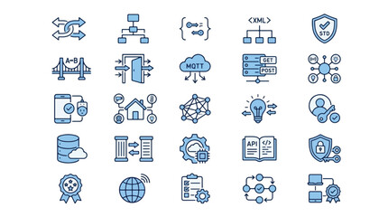 Fototapeta premium IoT and API Integration Blue Line Icon Set. Modern Flat Icons for Cloud Computing, Networking, Smart Home, Cybersecurity, Data Synchronization, and Digital Connectivity.