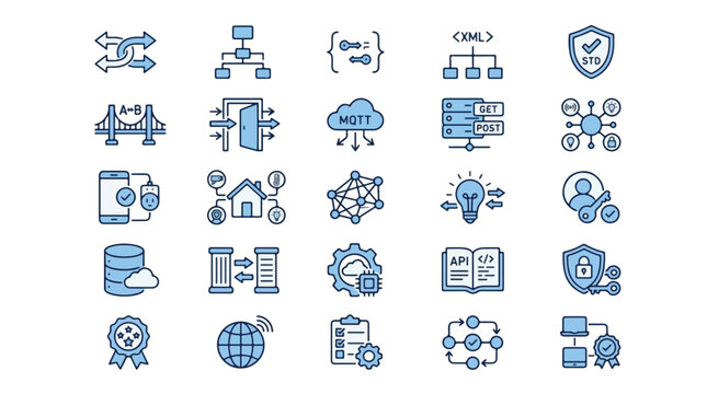 IoT and API Integration Blue Line Icon Set. Modern Flat Icons for Cloud Computing, Networking, Smart Home, Cybersecurity, Data Synchronization, and Digital Connectivity.